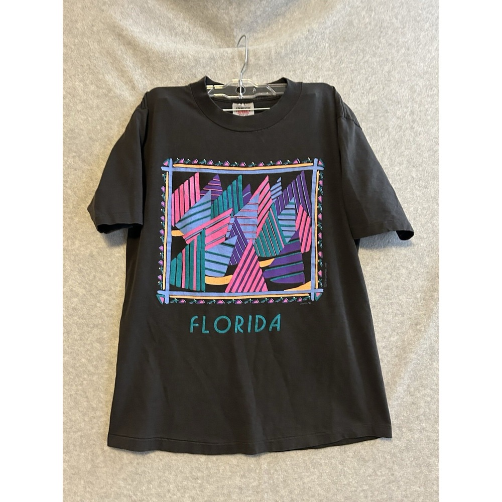 1990 Florida T-Shirt Sail Boats Neon Colors Single Stitch Black Sz L Fits S-M